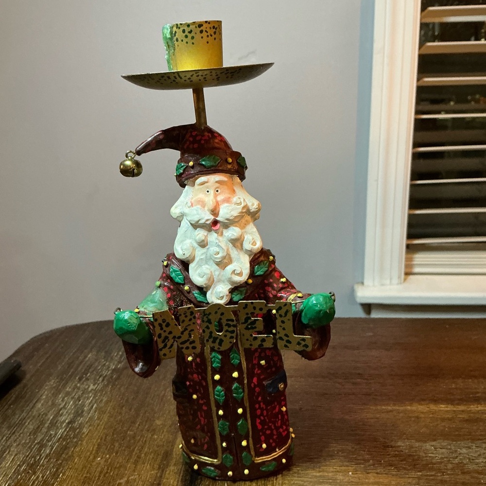Vintage Santa NOEL Candle Holder Hand Painted Christmas Figurine, Resin Holiday